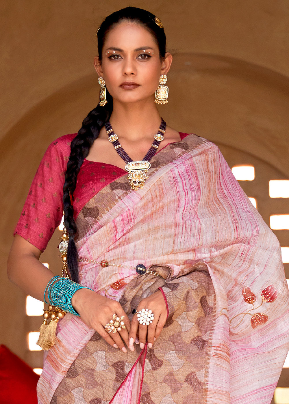 Beauty Pink Printed Kora Silk Saree