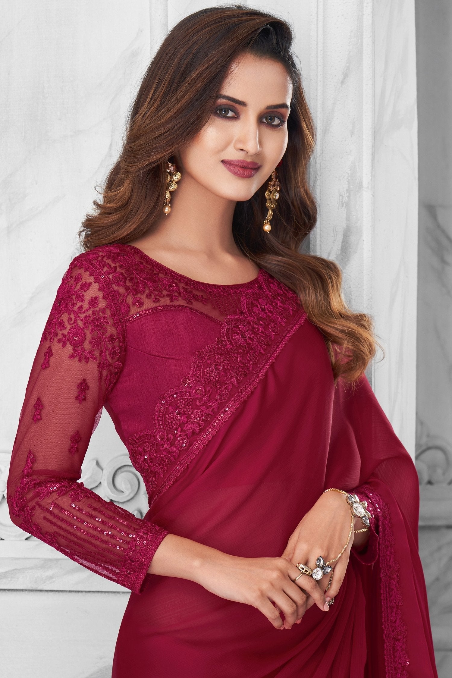 Shiraz Maroon Satin Chiffon Designer Silk Saree