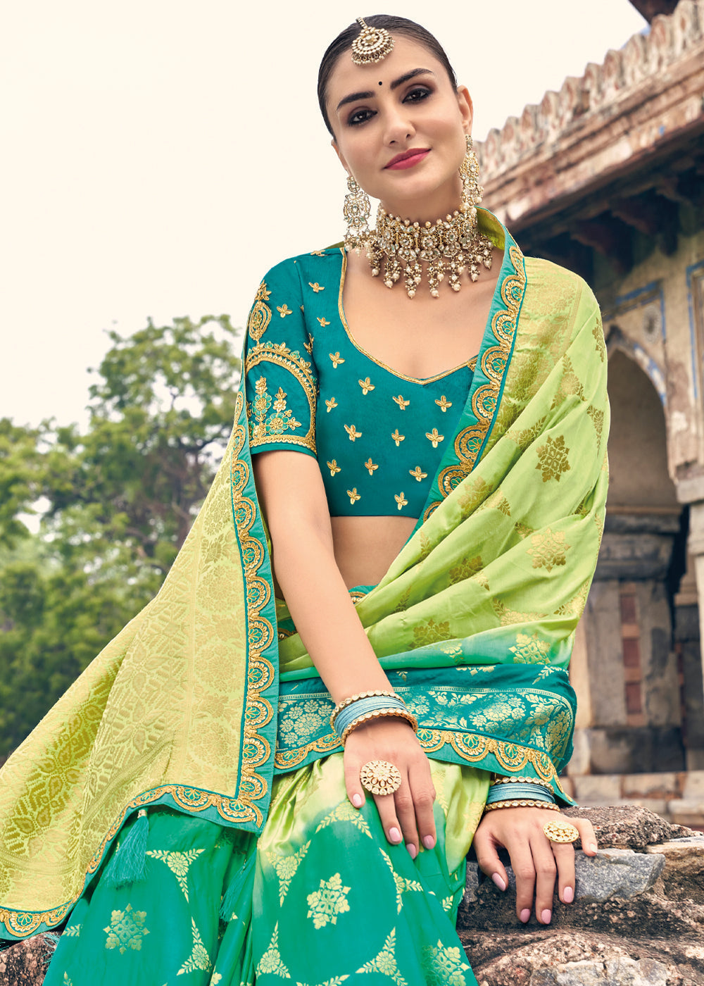 Celery Green and Blue Zari Woven Designer Banarasi Saree