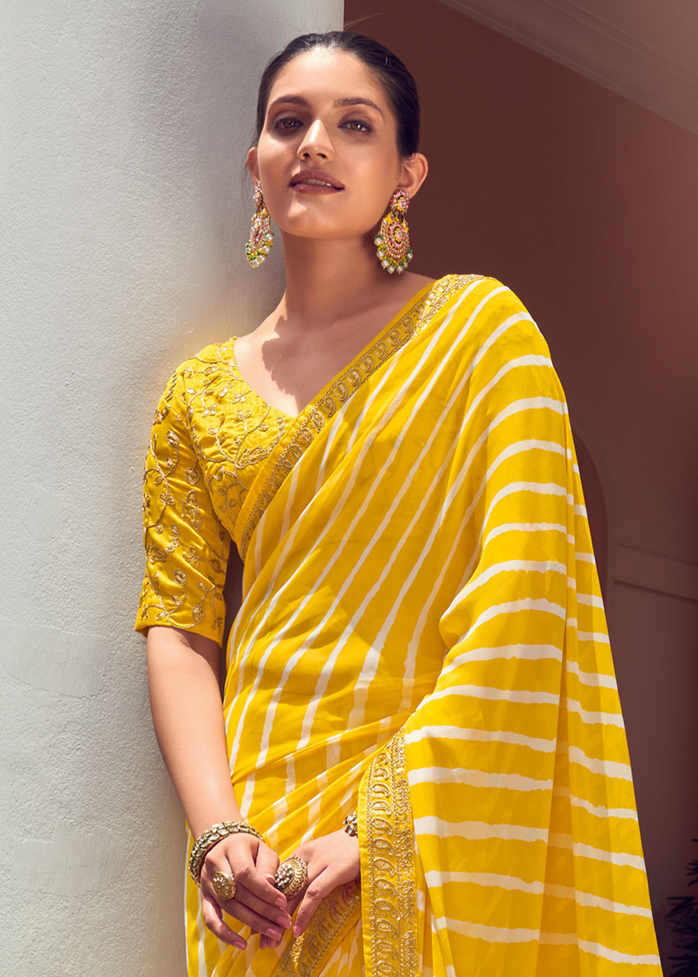 Tulip Tree Yellow Lehriya Print Georgette Saree With Embroidered Blouse