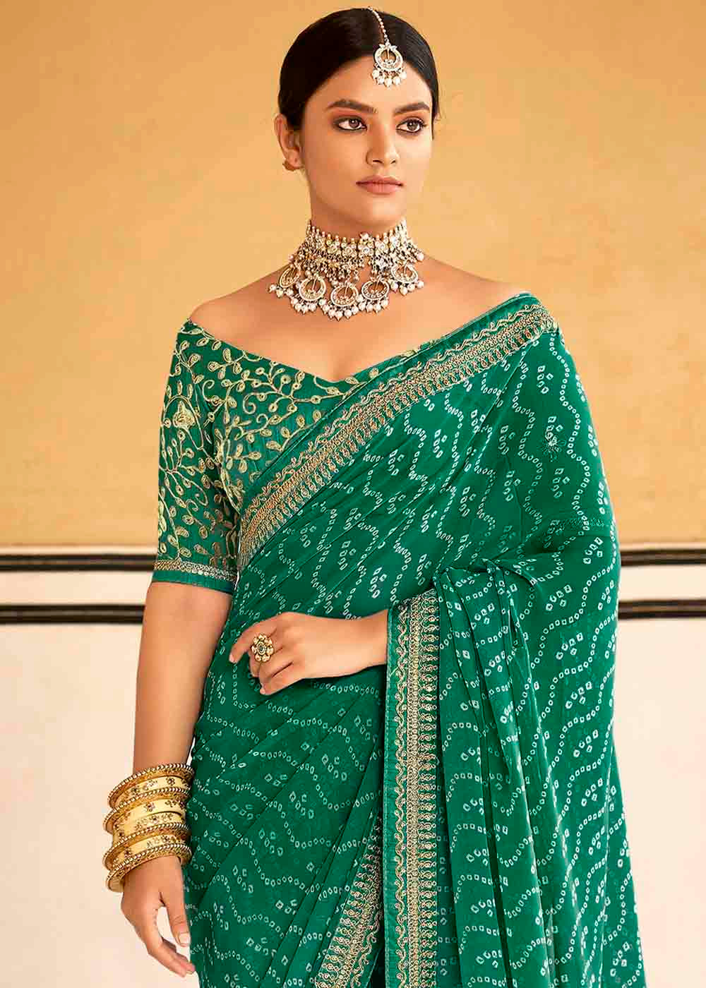 Fun Green Georgette Leheriya Printed Saree with Embroidered Blouse