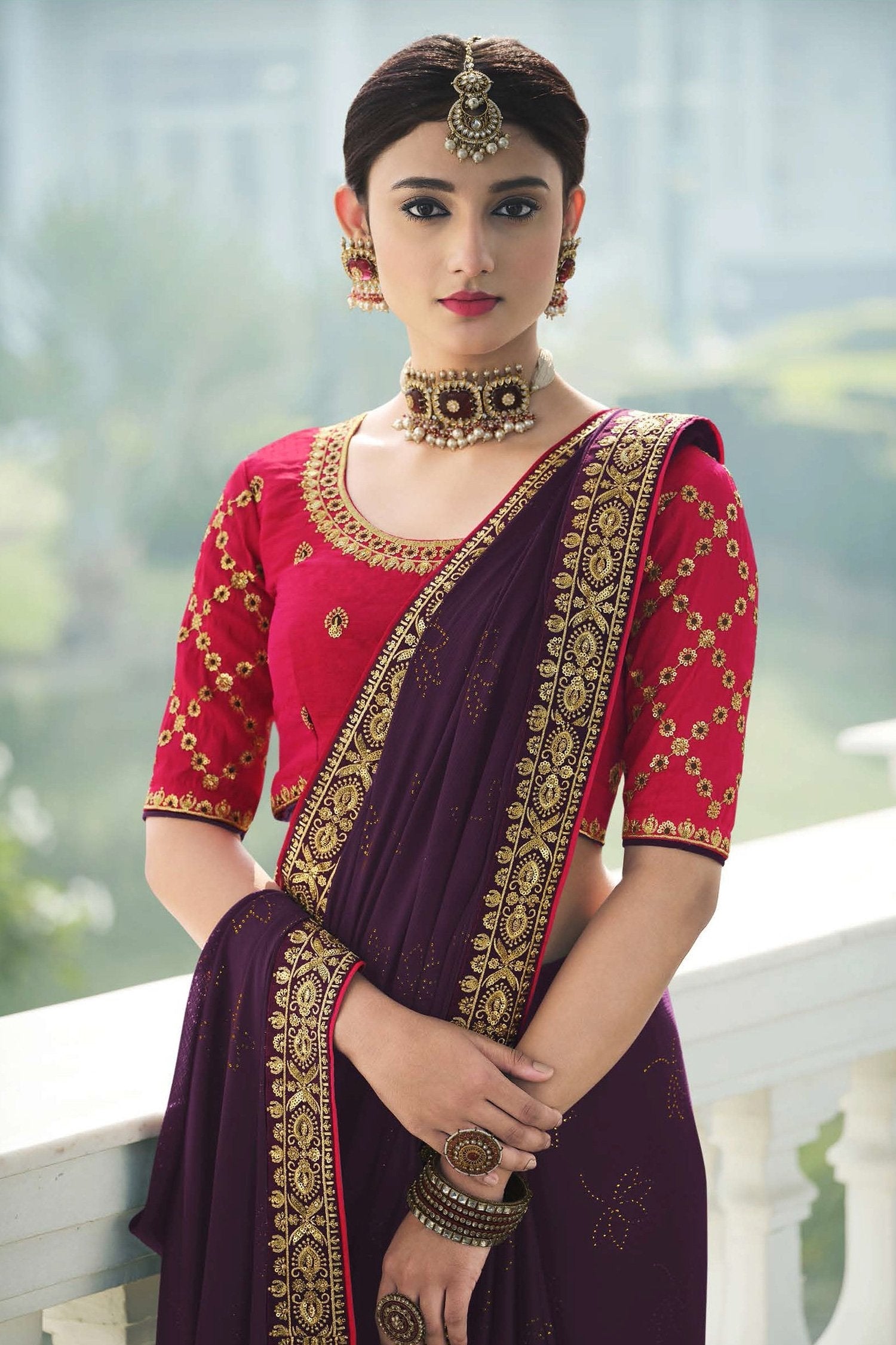 Livid Purple and Pink Chiffon Stone Work Saree