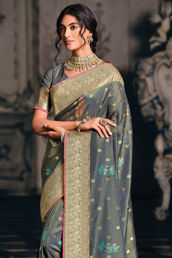 Flint Grey Zari Woven Banarasi Saree