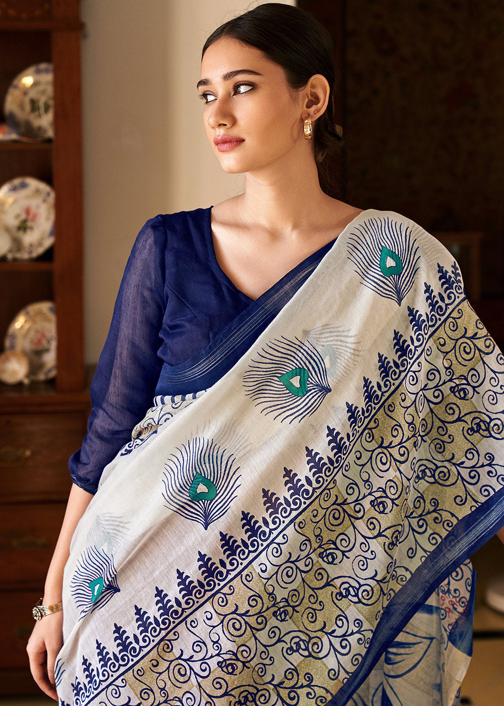 Sisal White Blue and Mroon Cotton Linen Batik Printed Saree