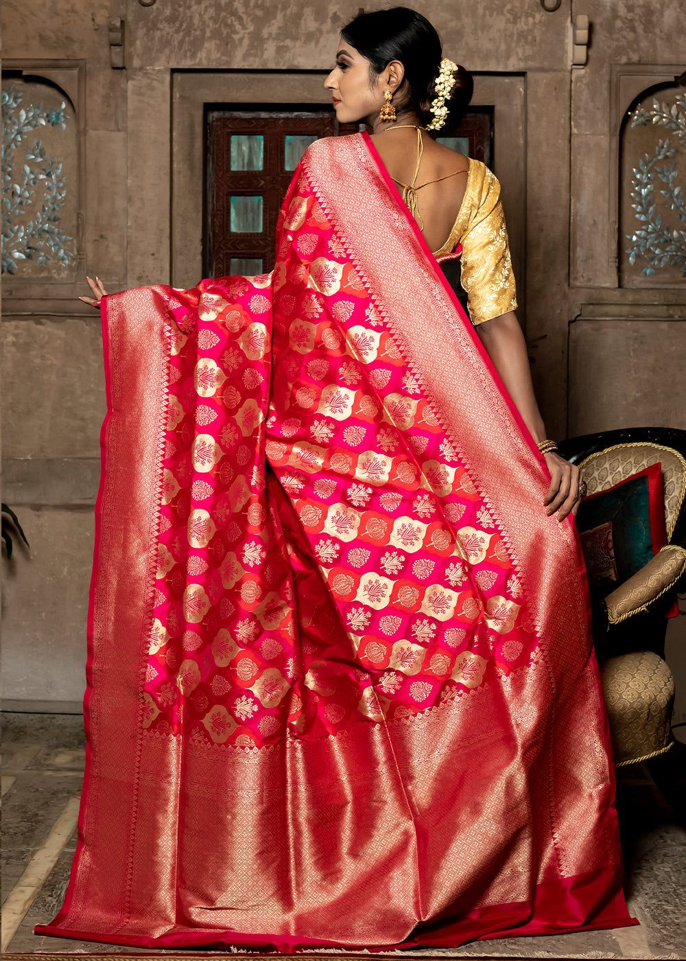 Radical Red  Hand Woven Katan Pure Silk Saree