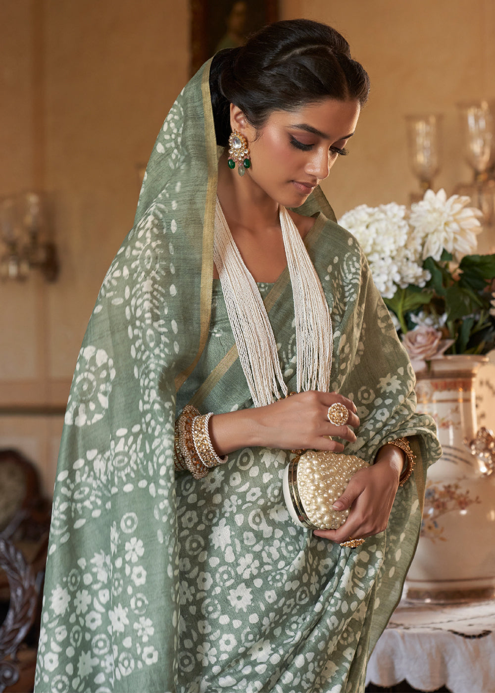 Pewter Green Light Weight Linen Saree