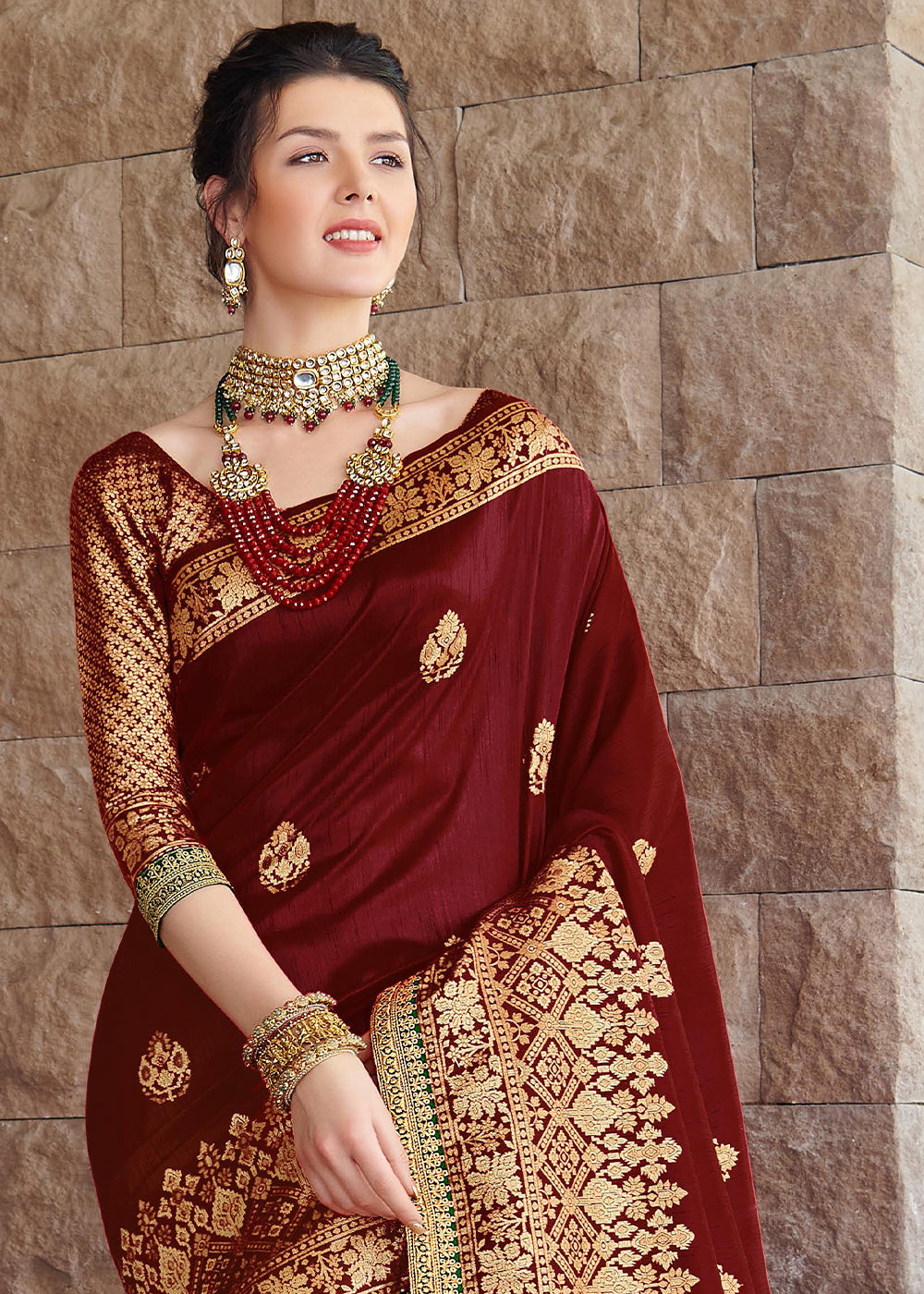 Cherrywood Red Zari Woven Banarasi Silk Saree