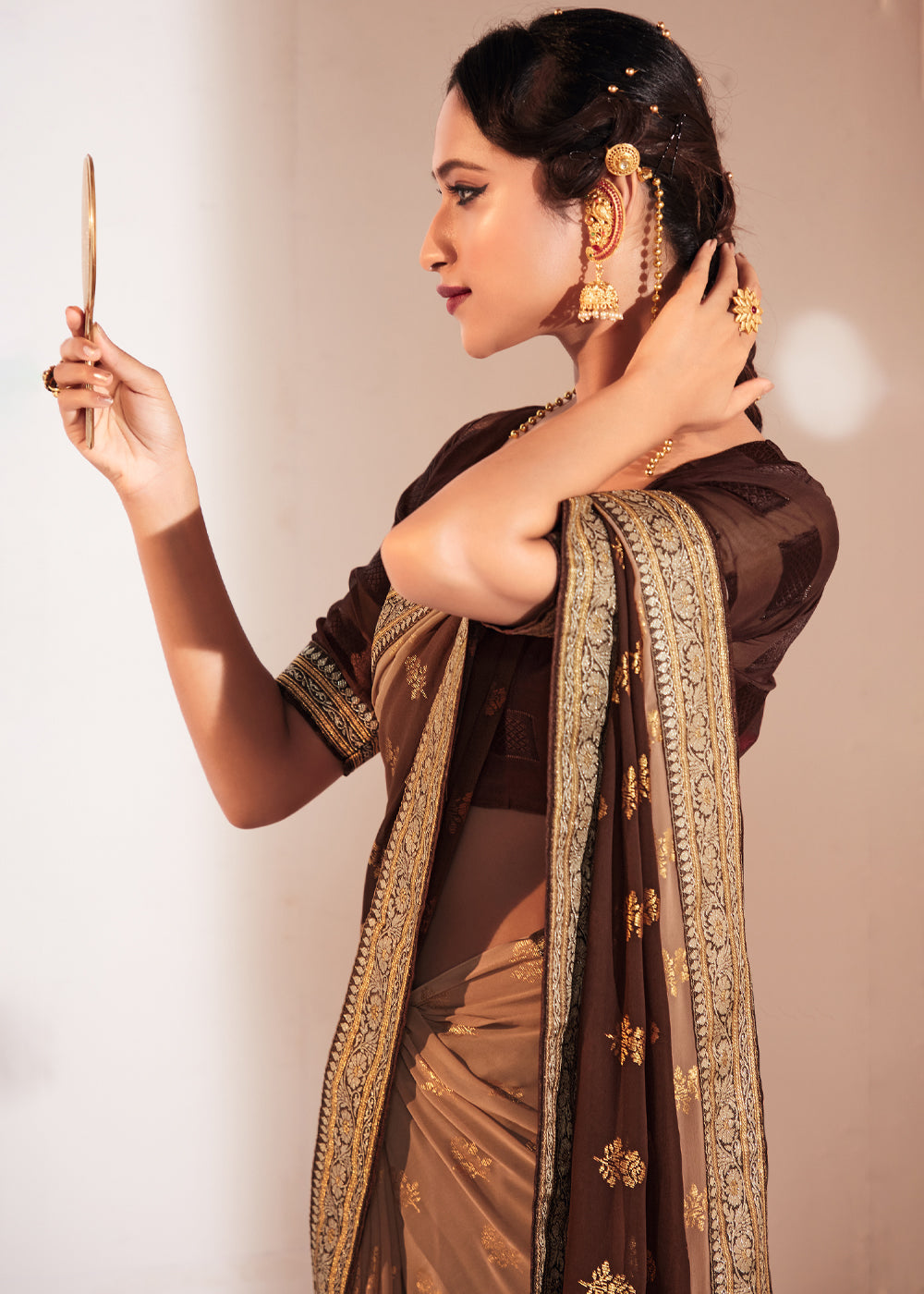 Copper Penny Brown Woven Georgette Silk Saree