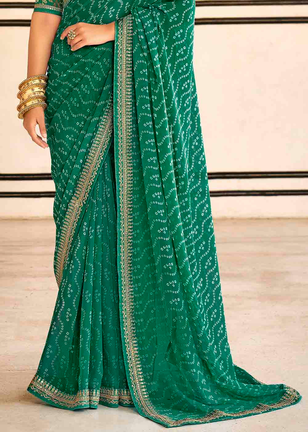 Fun Green Georgette Leheriya Printed Saree with Embroidered Blouse