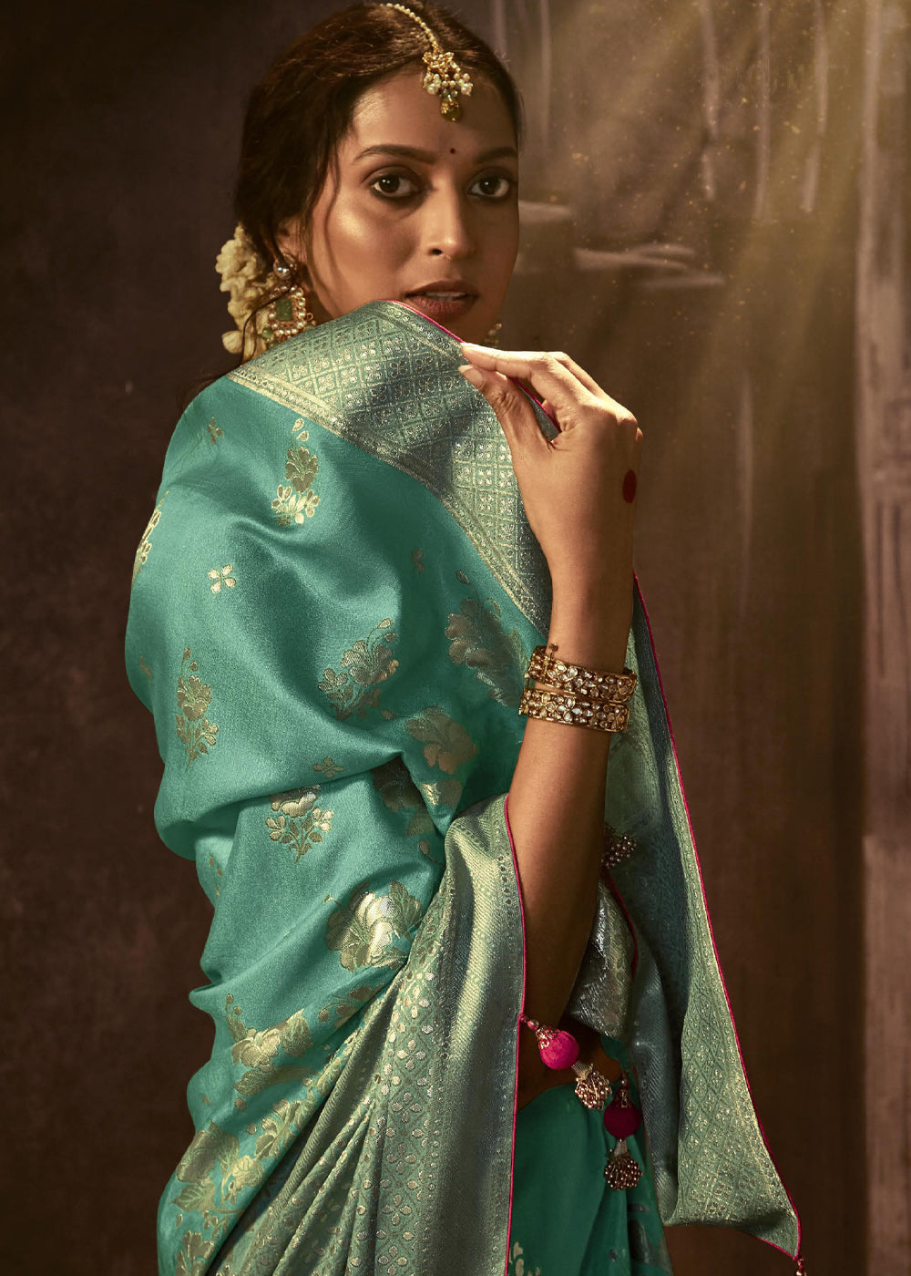 Patina Green Woven Designer Banarasi Silk Saree