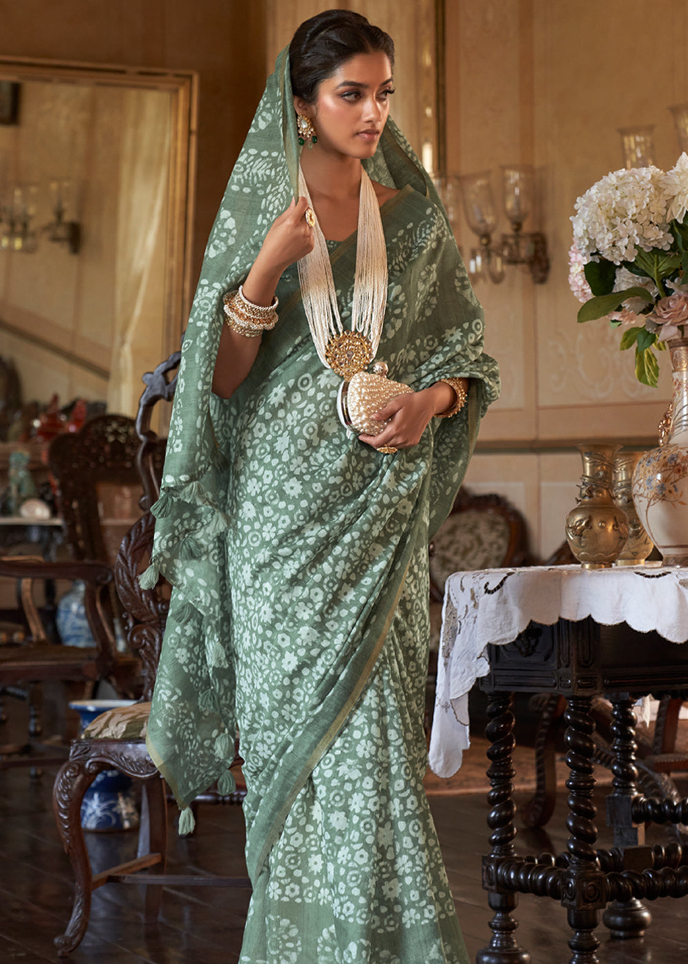 Pewter Green Light Weight Linen Saree