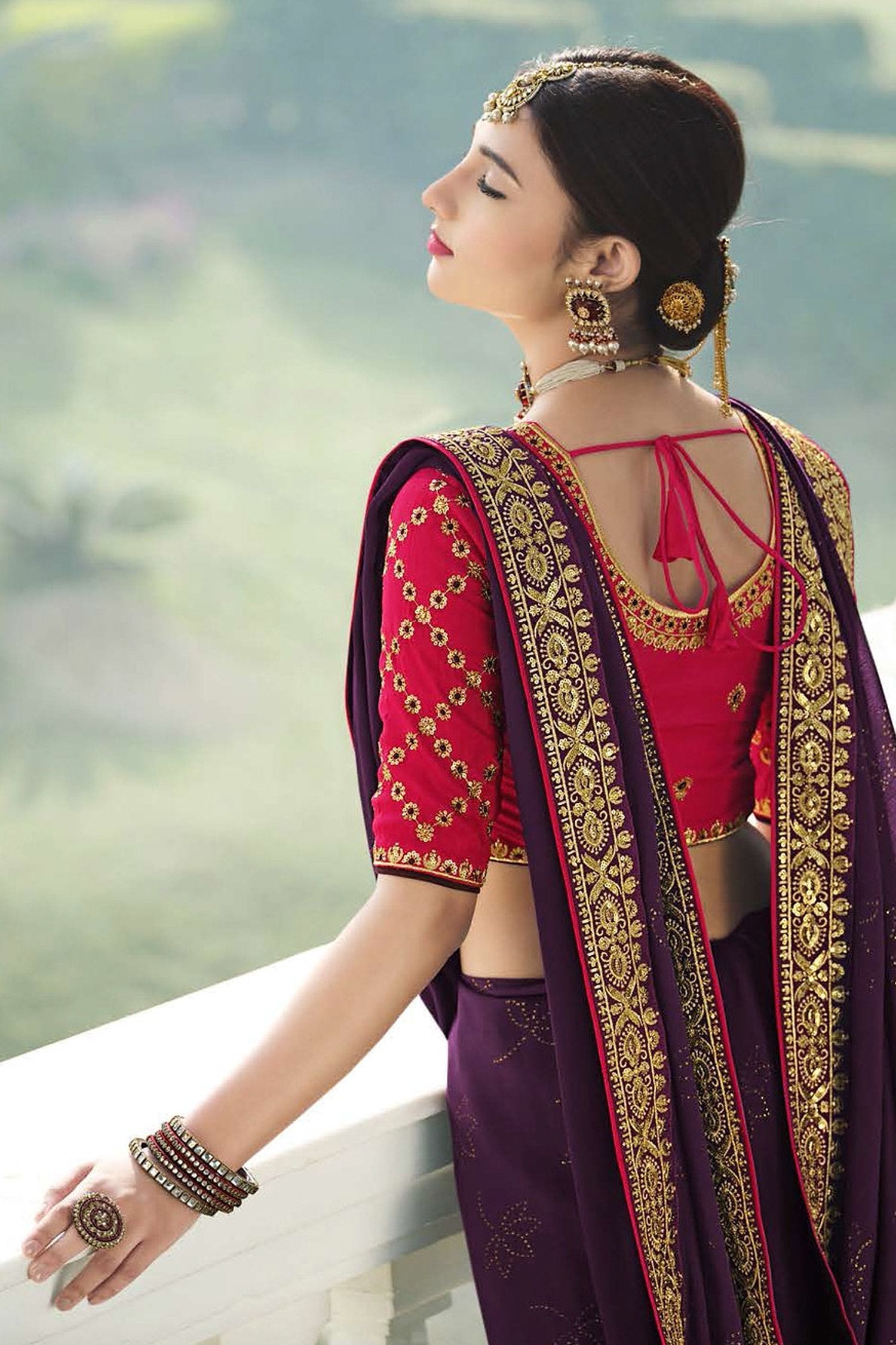 Livid Purple and Pink Chiffon Stone Work Saree