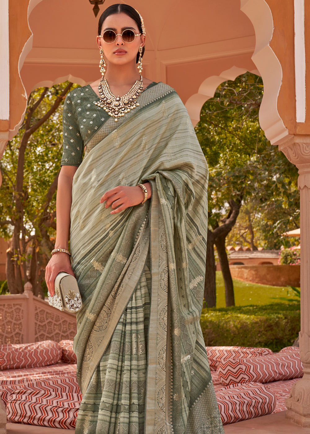 Clay Creek Green Woven Soft Textured Printed Silk Saree