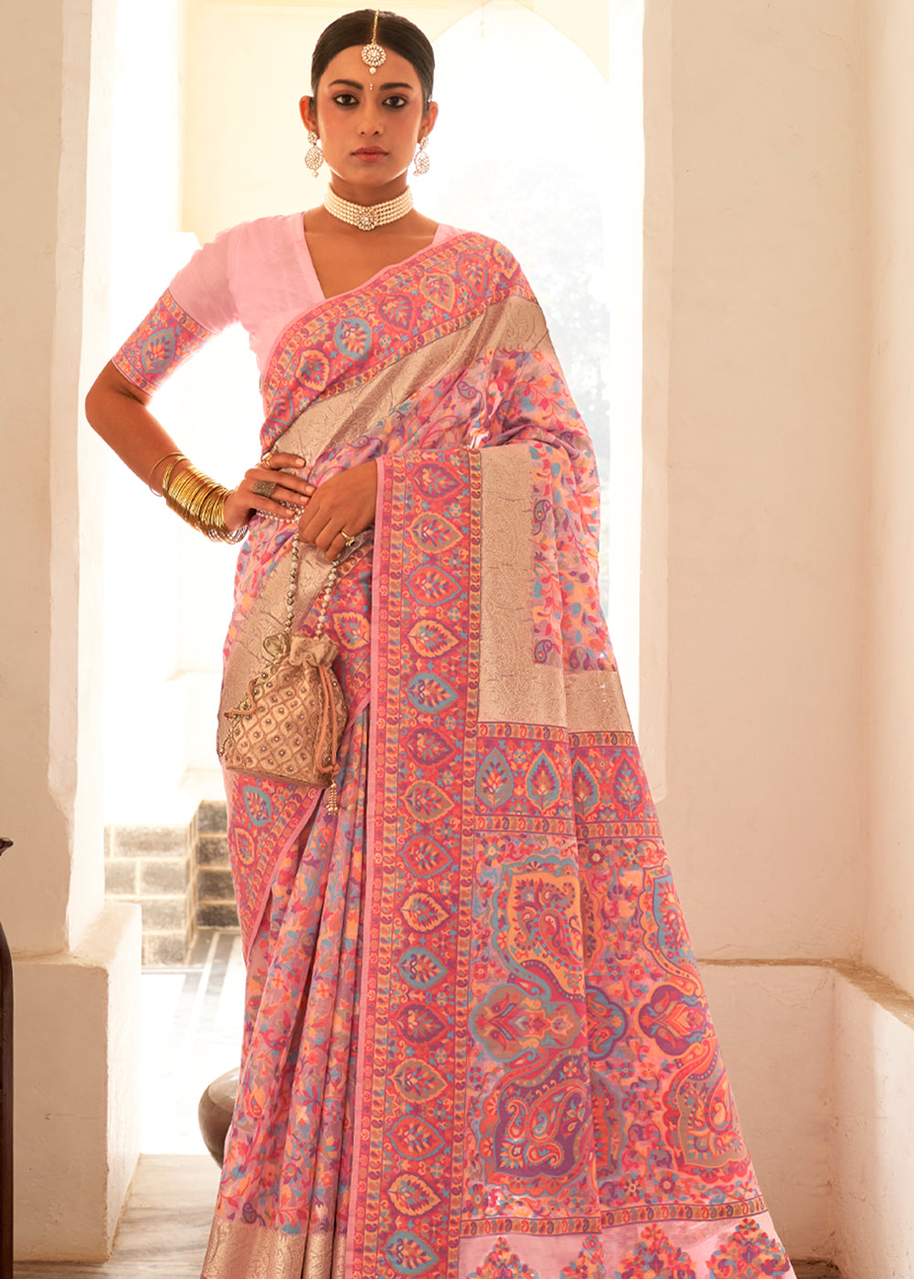 Apricot Pink Woven Banarasi Jamewar Kashmiri Silk Saree