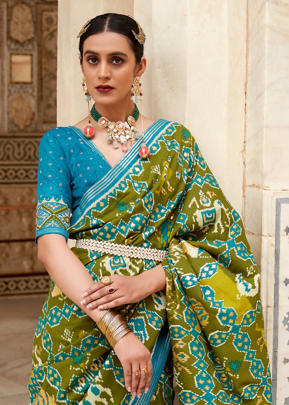 Shamrock Green and Blue Cotton Patola Printed Saree