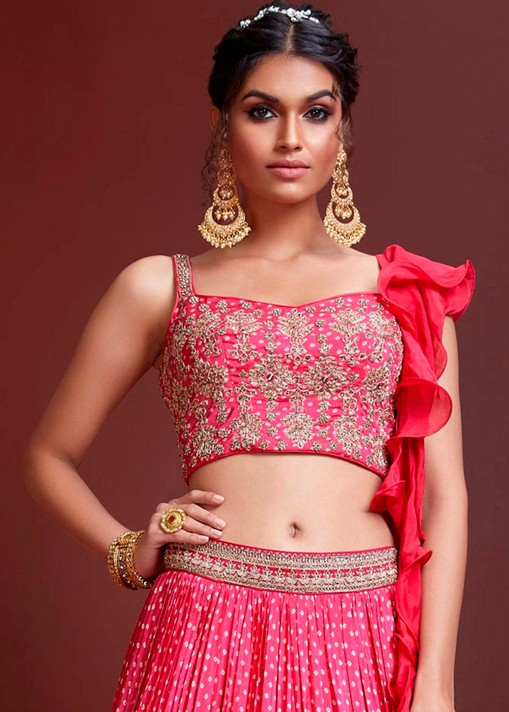 Salmon Pearl Pink Bandhani Printed Chinon Silk Lehenga Choli