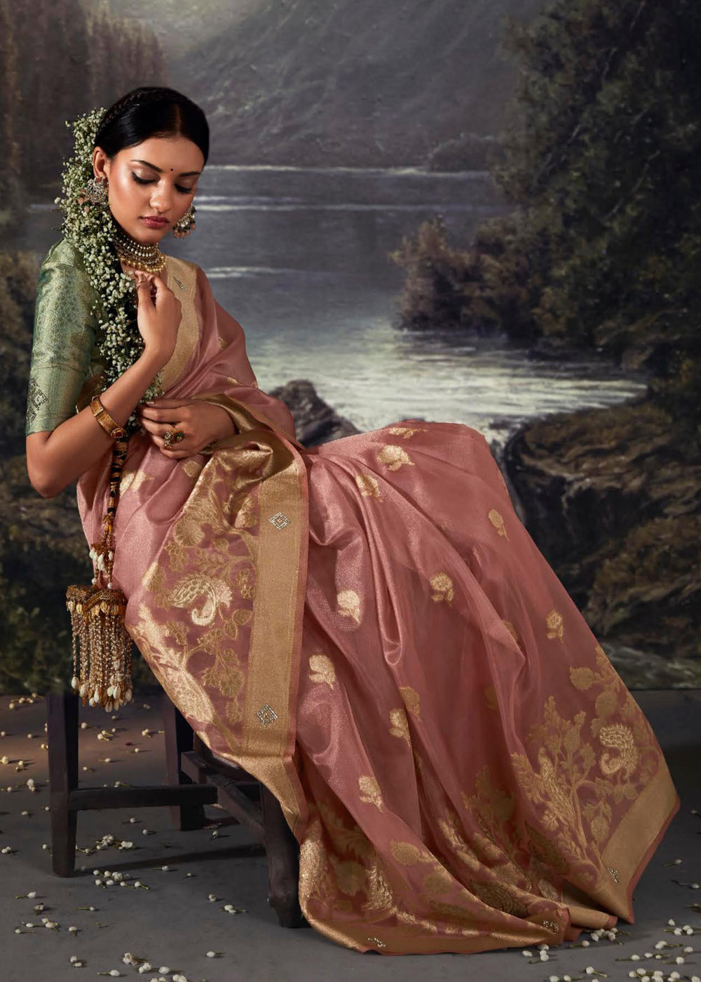 Blast Off Bronze Peach Woven Banarasi Organza Silk Saree