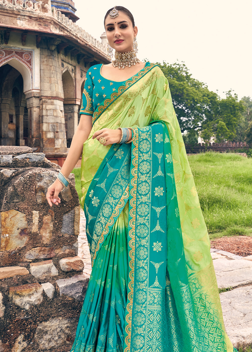 Celery Green and Blue Zari Woven Designer Banarasi Saree