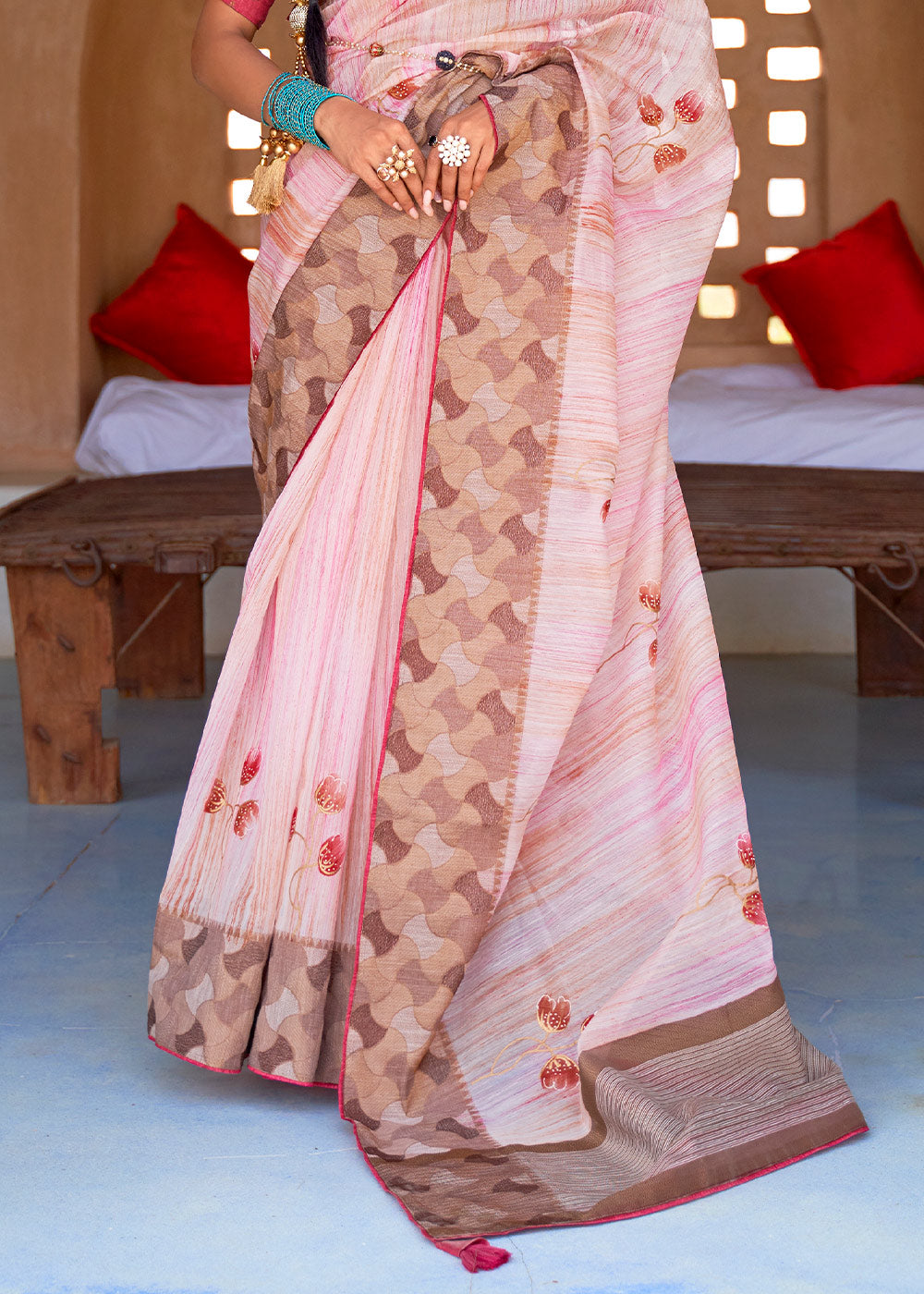 Beauty Pink Printed Kora Silk Saree