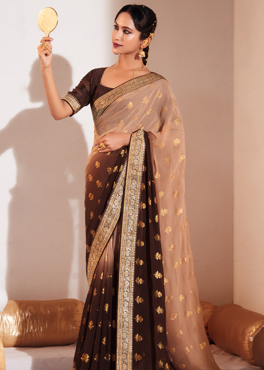 Copper Penny Brown Woven Georgette Silk Saree