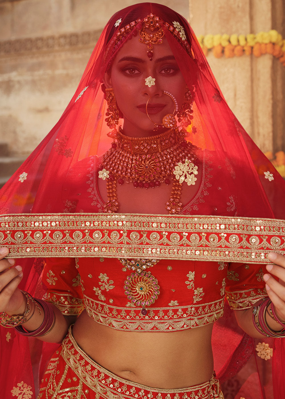 Crimson Red Silk Lehenga Choli With Heavy Zari Embroidery