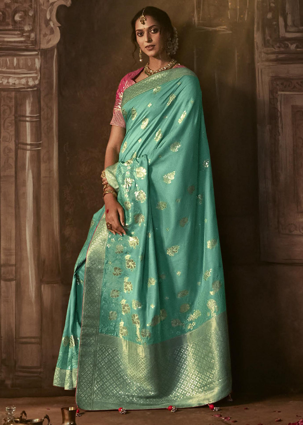 Patina Green Woven Designer Banarasi Silk Saree