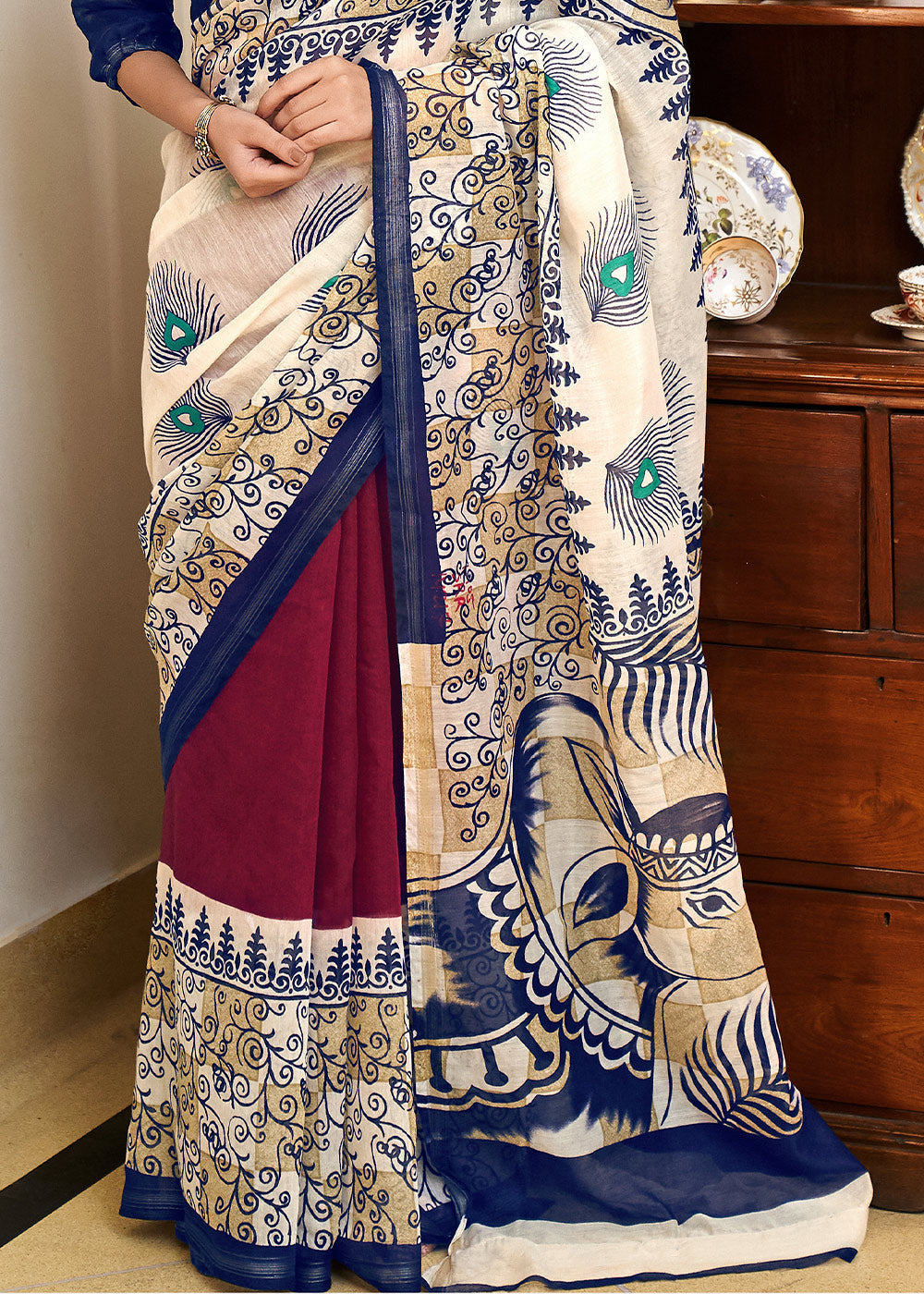 Sisal White Blue and Mroon Cotton Linen Batik Printed Saree