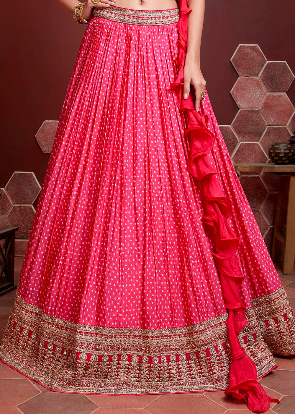 Salmon Pearl Pink Bandhani Printed Chinon Silk Lehenga Choli