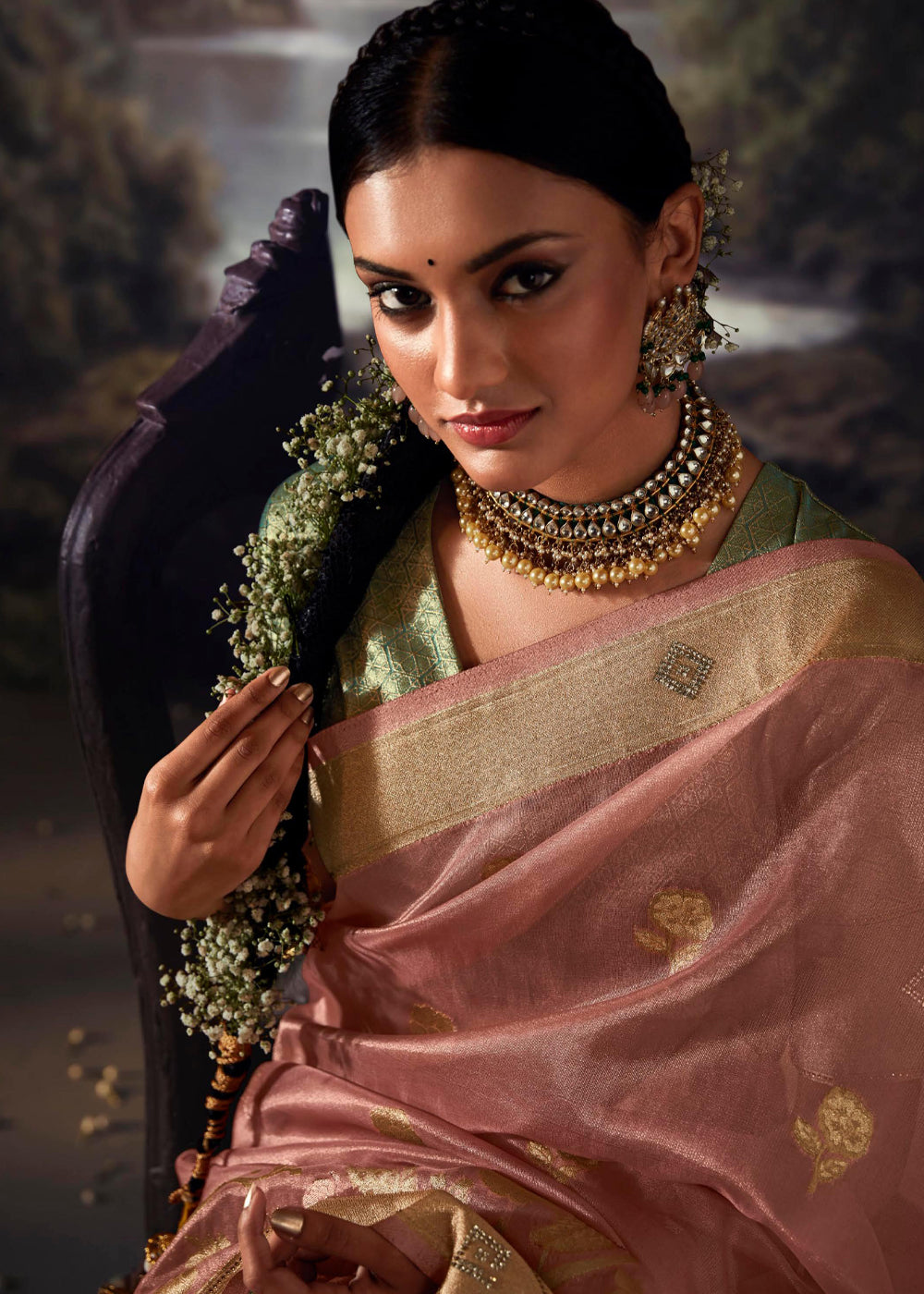 Blast Off Bronze Peach Woven Banarasi Organza Silk Saree