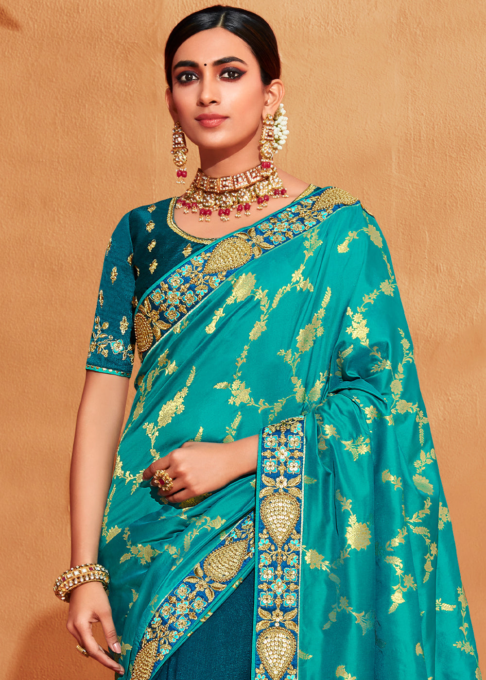 Metallic Seaweed Blue Embroidered Banarasi Silk Saree