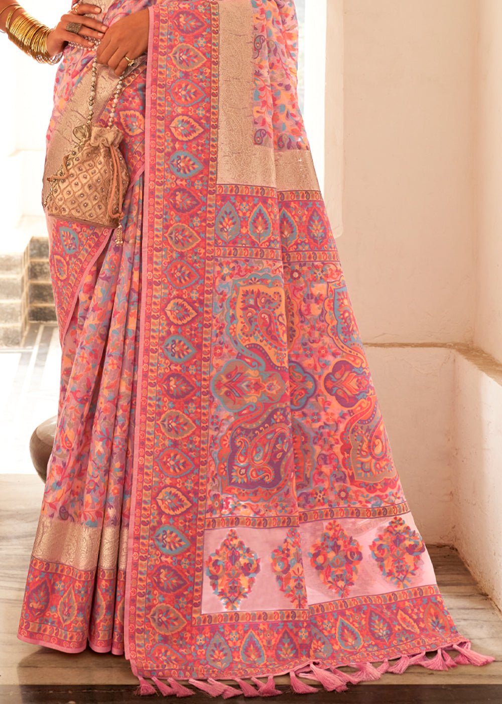 Apricot Pink Woven Banarasi Jamewar Kashmiri Silk Saree