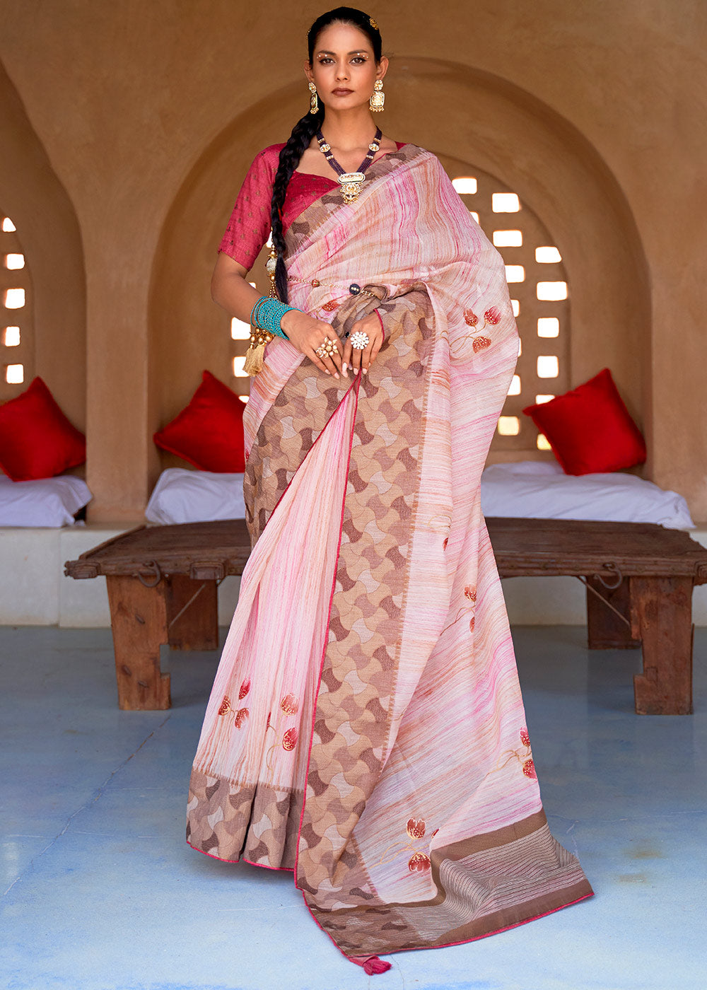 Beauty Pink Printed Kora Silk Saree