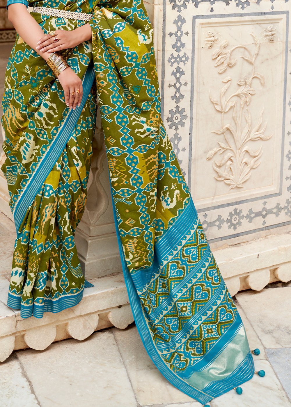 Shamrock Green and Blue Cotton Patola Printed Saree