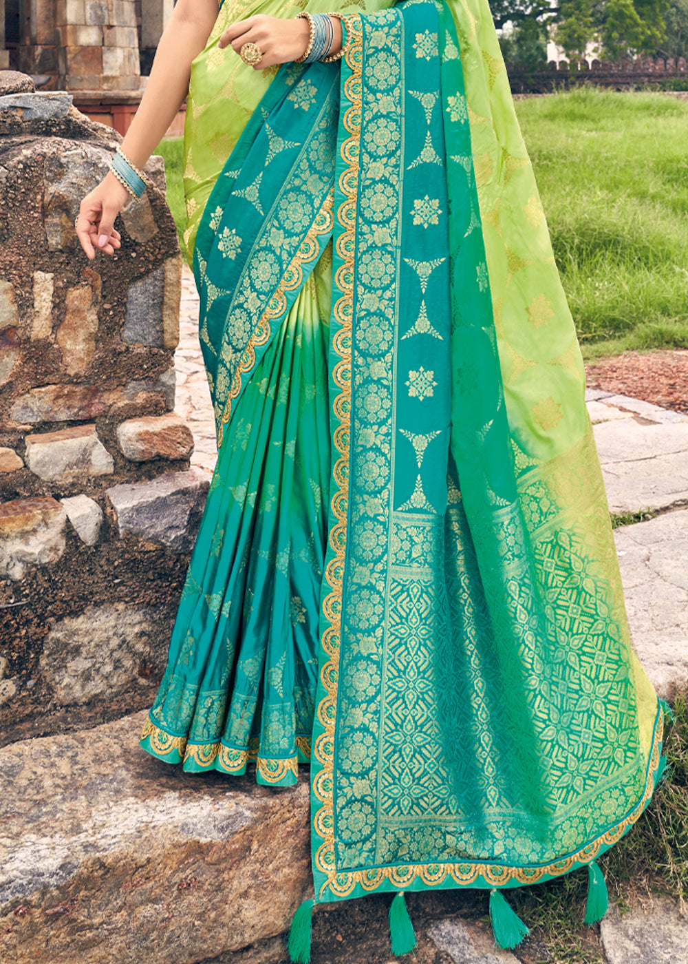 Celery Green and Blue Zari Woven Designer Banarasi Saree