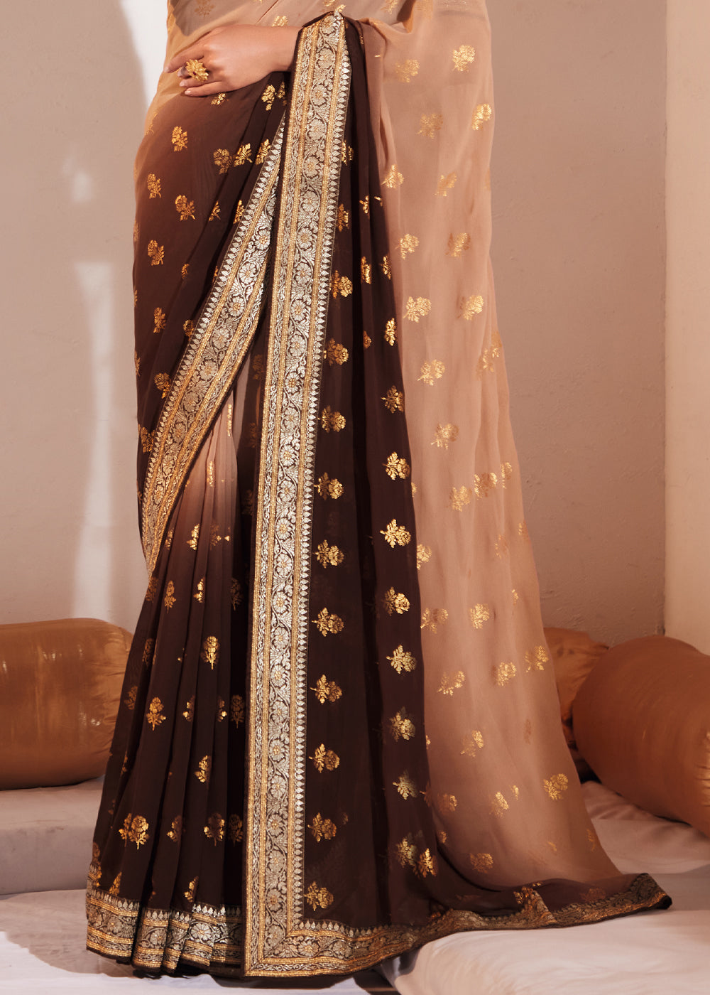 Copper Penny Brown Woven Georgette Silk Saree