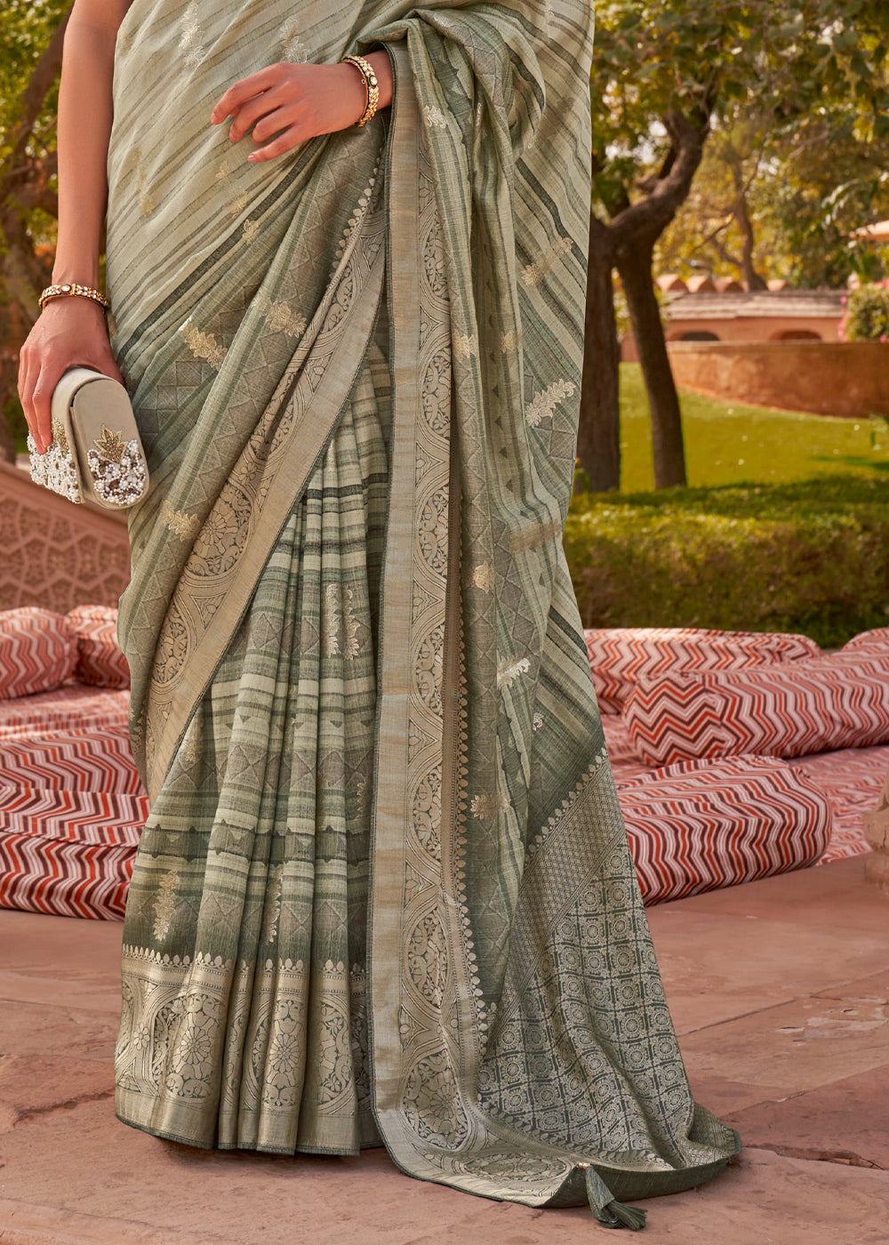 Clay Creek Green Woven Soft Textured Printed Silk Saree