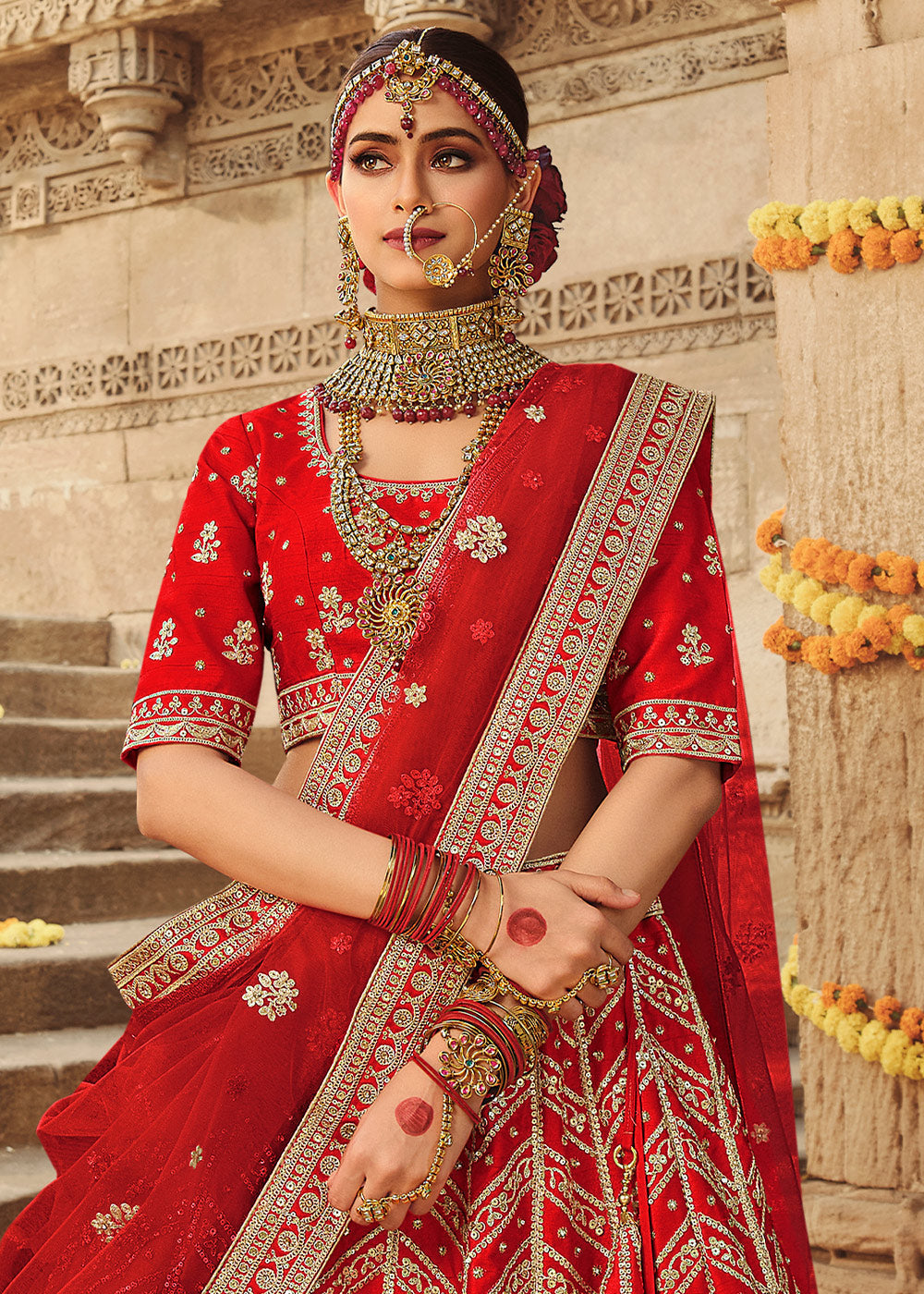 Crimson Red Silk Lehenga Choli With Heavy Zari Embroidery