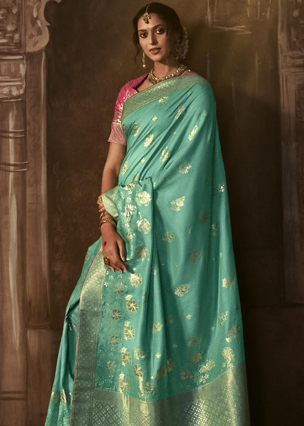 Patina Green Woven Designer Banarasi Silk Saree