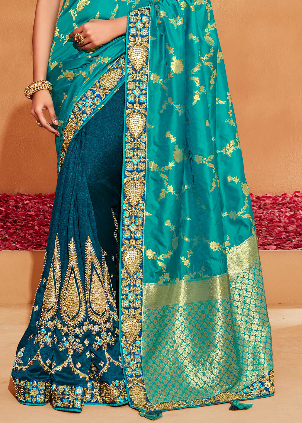 Metallic Seaweed Blue Embroidered Banarasi Silk Saree