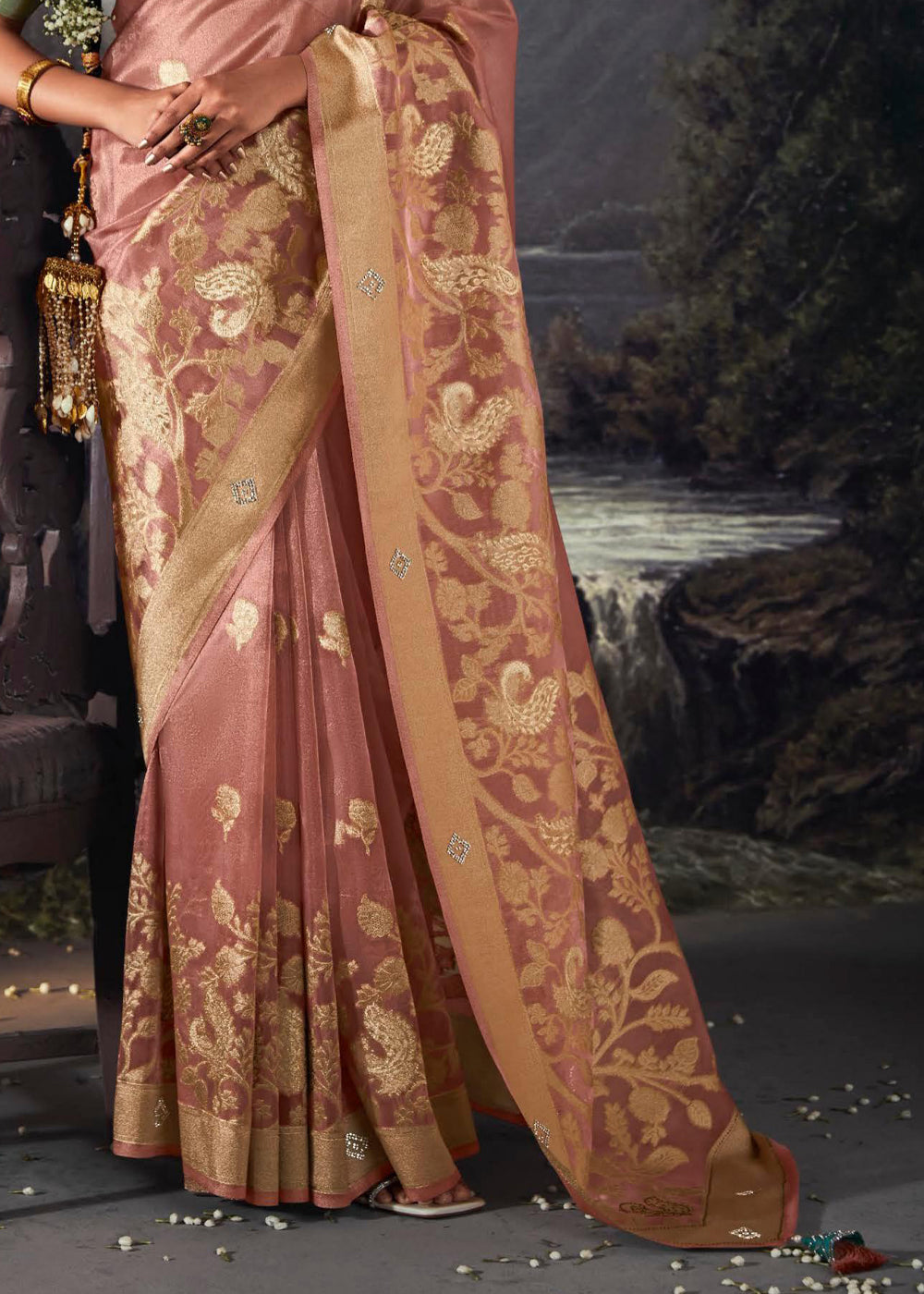 Blast Off Bronze Peach Woven Banarasi Organza Silk Saree