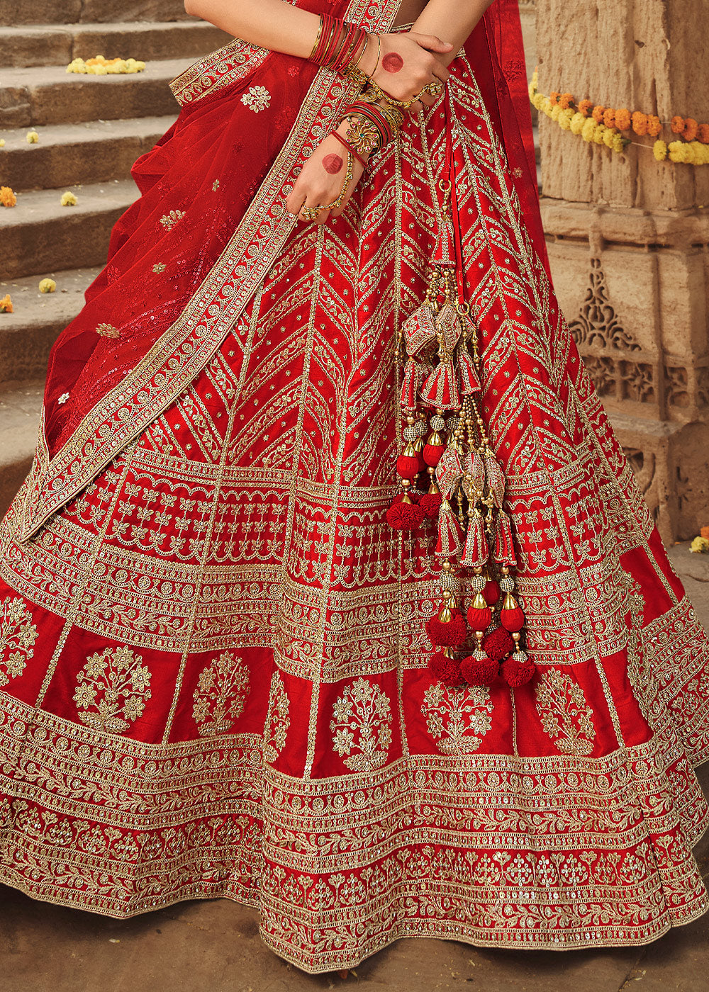 Crimson Red Silk Lehenga Choli With Heavy Zari Embroidery