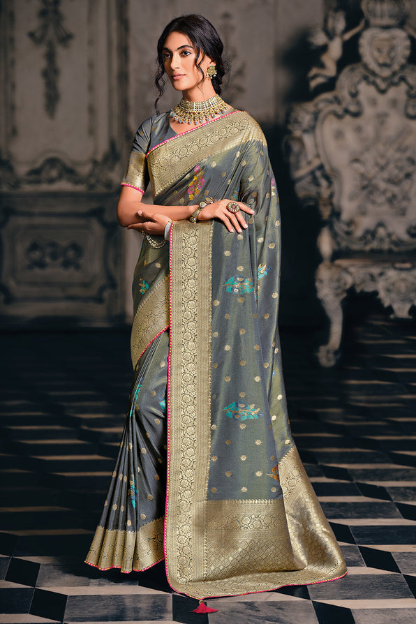 Flint Grey Zari Woven Banarasi Saree