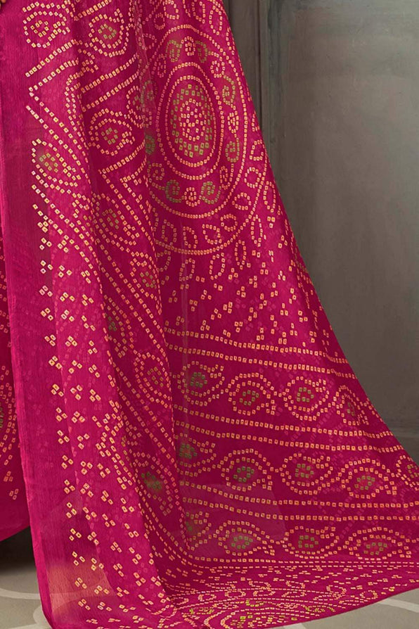 Shimmer Pink Chiffon Bandhani Printed Saree