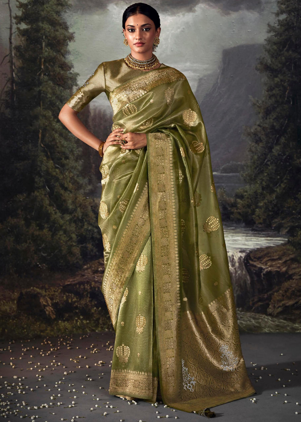 Costa Del Sol Green Woven Banarasi Organza Silk Saree