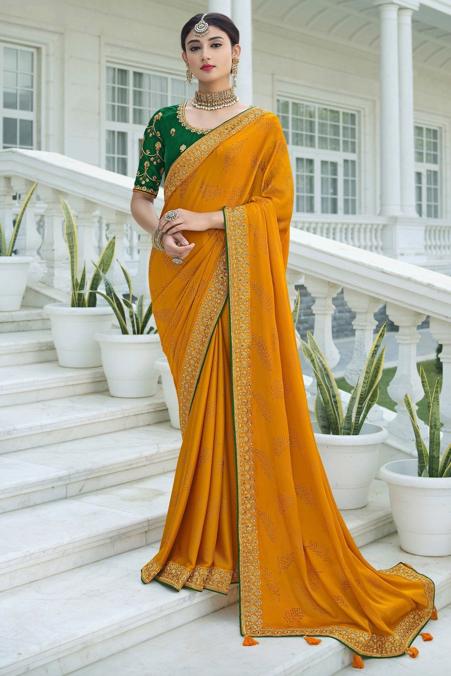 Meteor Yellow and Green Chiffon Stone Work Saree