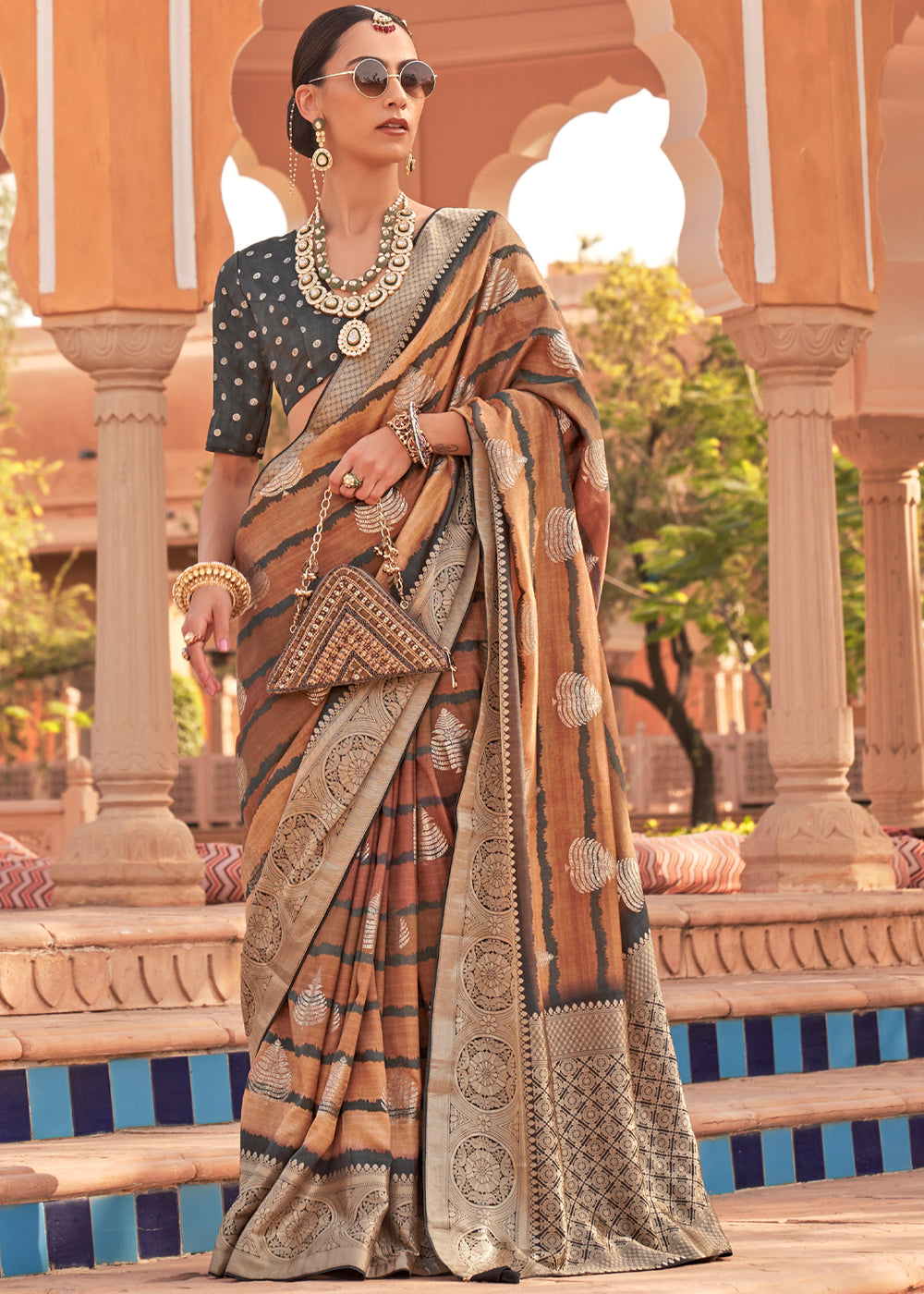 Nutmeg Brown Woven Soft Textured Printed Silk Saree