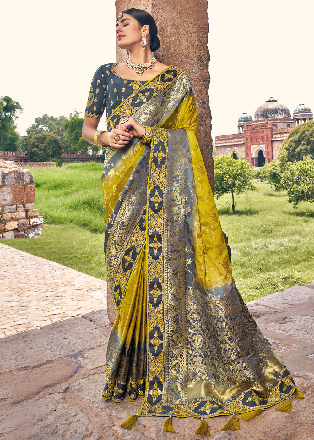 Rob Roy Yellow and Blue Zari Woven Designer Banarasi Saree