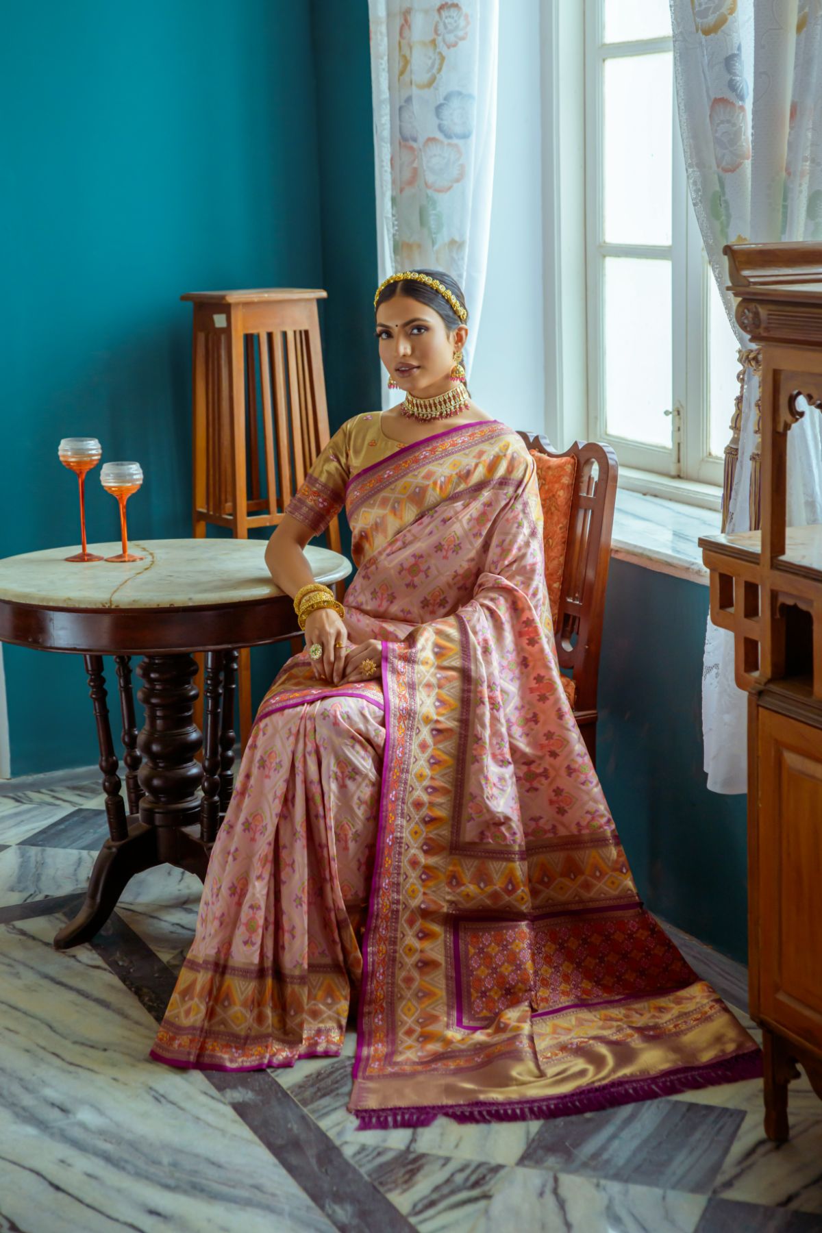 Brandy Rose Pink Banarasi Patola Silk Saree