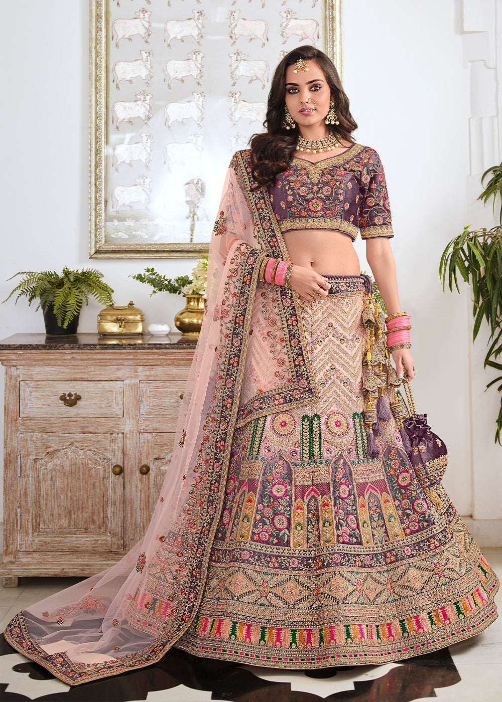 Eunry Pink and Purple Dual Tone Heavy Embroidered Velvet Lehenga