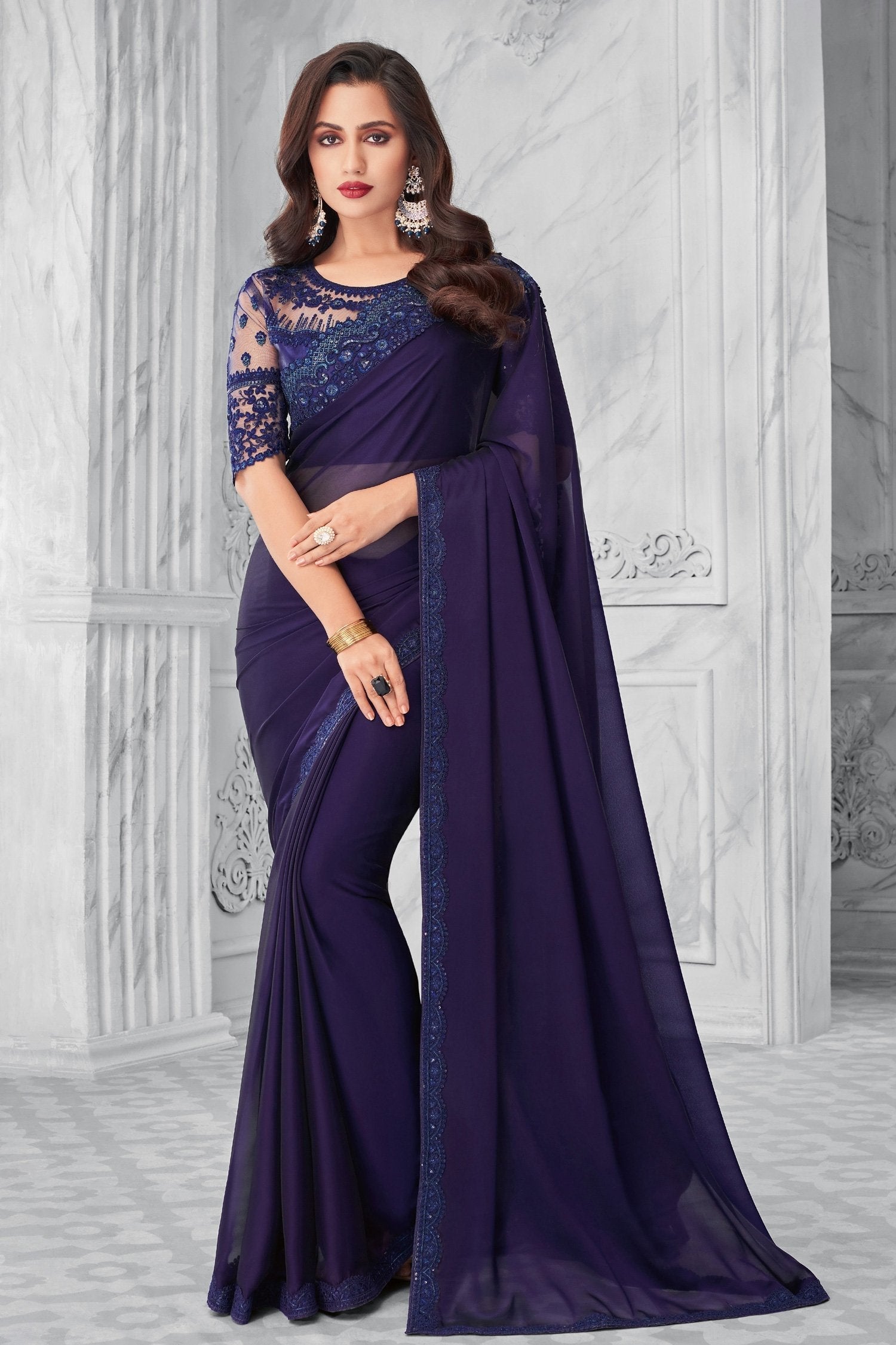 Martinique Blue Two Tone Georgette Designer Silk Saree